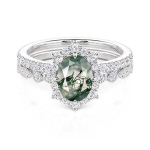 Ensemble de bagues de mariage Jeulia en argent sterling avec agate mousse taille ovale et halo - Product Image 1