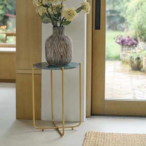 Table d'appoint ronde déco en métal doré avec dessus en marbre vert - Product Image 1