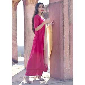 Caftán Corto Estilo Bohemio Indio Hecho a Mano en Rayón Rosa, Transpirable y Resistente al Viento, con Diseño de Borlas para Mujer - Product Image 1