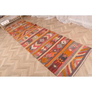 3.1x10.8 ft Vintage <b>Rug</b>, Turkish <b>Runner</b> <b>Rug</b>, Orange Pink Bordered Wool <b>Rug</b> - Product Image 3
