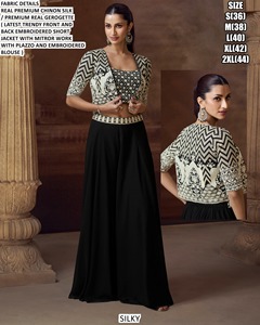 Bandhani Black Embroidered Chinon Silk Salwar Kameez Short <b>Jacket</b> Plazzo <b>Women</b> Traditional <b>Wedding</b> Wear Quick Dry Floor-Length - Product Image 3