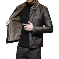 Chaqueta de Cuero Marrón Vintage para Hombre, Abrigo de Invierno con Cuello de Piel Sintética, Grueso, Resistente al Viento, Cálido, Tejido sin Costuras, con Cierre de Cremallera de Lujo