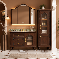 Meuble-lavabo de salle de bain d'hôtel en chêne massif résistant à l'eau 1000mm 500mm avec armoire latérale, tiroirs, vasque en céramique, miroir intelligent, style classique