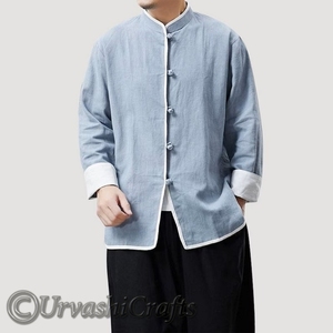 Designer ผ้าฝ้ายลินินผู้ชายสบายๆฤดูร้อนแขนยาวปุ่มลงเสื้อสไตล์จีนเสื้อตัดกันในราคาจํานวนมาก - Product Image 1