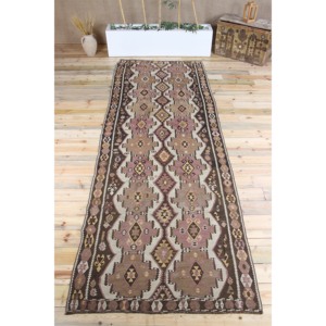 Alfombra Turca, Alfombra de Pasillo de 4.1x11.9 pies, Alfombra Vintage de Lana con Diseño Geométrico Morado - Product Image 1