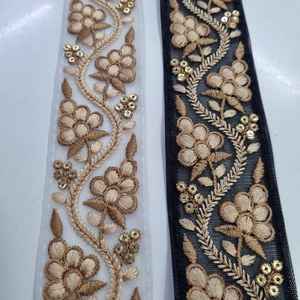 Rubans et dentelles brodés à la machine sur mesure avec motifs floraux et couleurs pour robes de mariée sur tissu en filet d'organza - Product Image 6