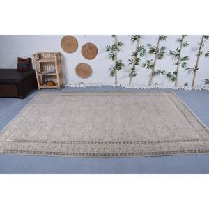 Tapis turc vintage classique Beige fait à la main Patchwork Design Rectangle couloir haute laine bambou soie 6'4 \ "X 9'7 \" Latex vivant - Product Image 1