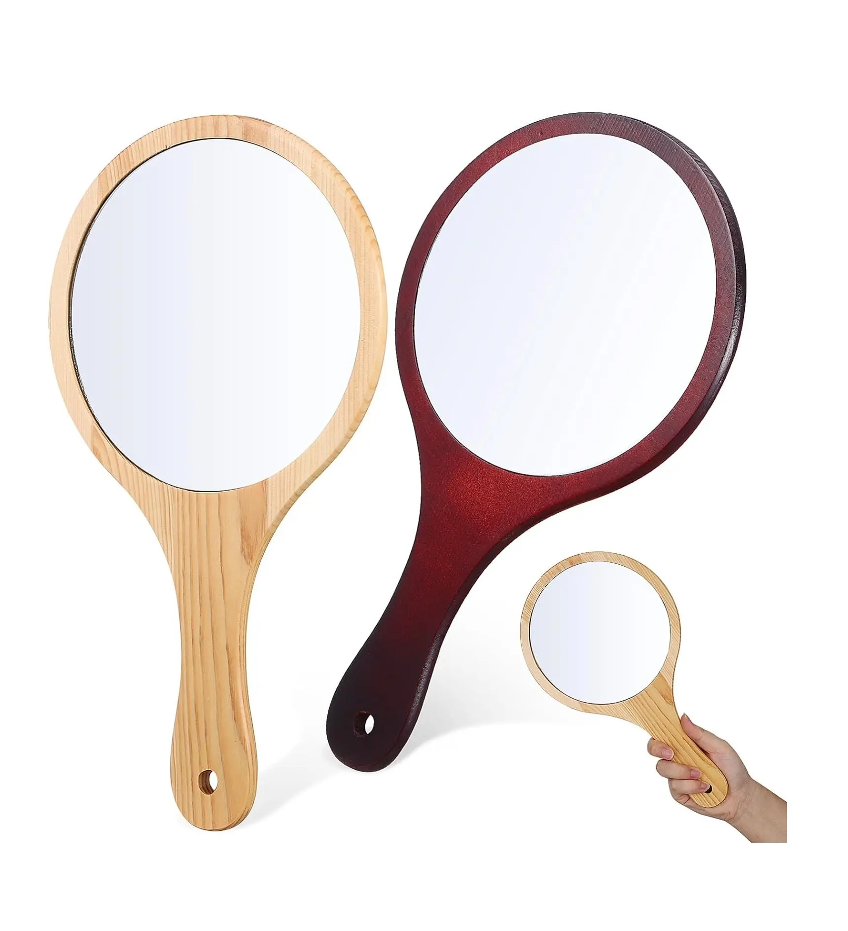 Miroir à main avec poignée, 2pcs Miroir à main en bois Miroir à main polyvalent avec réflexion sans distorsion