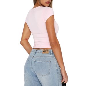 Camiseta corta roja ajustada para mujer, top informal de algodón elástico de manga corta con cuello redondo y color liso - Product Image 3