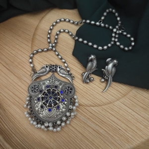 Yashsvi Blue <b>Silver</b> Brass Necklace <b>Earrings</b> <b>Set</b> Premium Quality, Best Seller from Indian Supplier for Bulk - Product Image 1