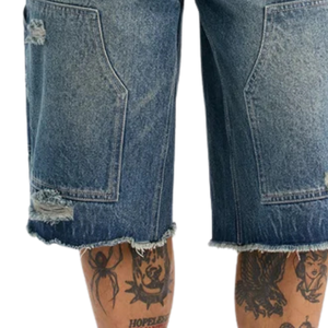 Pantalones Cortos de Mezclilla para Hombre, Estilo Casual, Corte Holgado, con Bajo Deshilachado, Lavado Vintage, Largura hasta la Rodilla, Estilo Urbano de Verano - Product Image 5