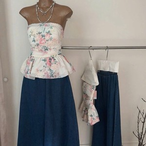 OEM Summer Floral Chiffon <b>Top</b> with <b>Built</b>-<b>in</b> <b>Bra</b> and Long Denim Skirt Set - Product Image 4