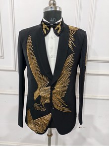 Costume brodé noir et or pour homme Costume de mariage élégant pour marié Tuxedo Prom Blazer Set - Product Image 6