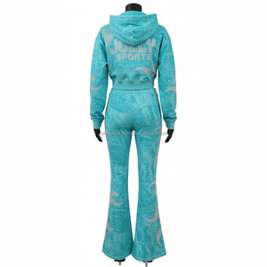 <b>Women</b> Premium Tracksuit 300GSM Soft Plush <b>Teal</b> Color fashion wholesale Rhinestone HeatPress Custom Logo Set Tracksuits Plus size - Product Image 2
