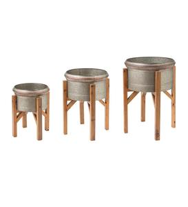 Juego de 3 macetas galvanizadas para interiores con soportes de madera para decoración de jardín, sala de estar, pasillo, macetas y macetas - Product Image 1