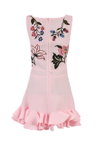Robe mini rose sans manches brodée de fleurs avec ourlet à volants, style décontracté en mousseline de soie pour adultes - Product Image 2