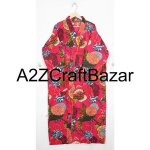 Robe Maxi Kaftan En Coton Vert Indien - Taille Unique, Manches Kimono, Motif Floral (vintage, Fait Main)