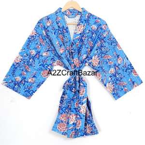 Vestido Casual Ligero, Ecológico, Transpirable, Lavable, 100% Algodón, Cuello en V, Manga Corta, Túnica Midi, Kaftan, Estampado Floral con Borlas - Product Image 1