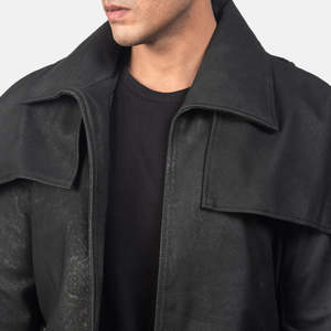 Classic Distressed Black Leather <b>Duster</b> Men's Coats - Product Image 4
