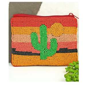 Southwestern Cactus Boho Western Seed Beaded Coin Makeup Money Purse Pouch - Product Image 3