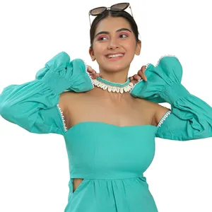 Island Paradise Blue Off Shoulder Waist Cut Dress nueva llegada diseño de tendencia Vestido de una pieza para mujer para el verano al precio más bajo