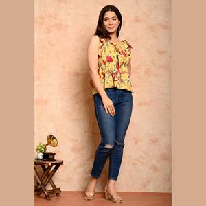 Yellow Bird Embroidered Tank <b>Top</b> Women's Bohemian Floral Printed Chiffon and <b>Linen</b> Autumn Striped Shirred <b>Top</b> XS-XL Loose Fit - Product Image 4