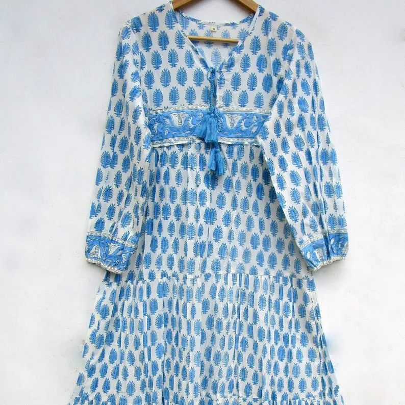 Bloc de coton imprimé robe femmes porter main bloc imprimé longue robe été porter décontracté tunique ample et coupe confortable robe