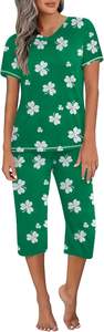 Vêtements de nuit pour femmes Capri Pajama Sets Manches courtes Deux pièces Pjs Col V Tops & Capri Pantalon avec poches Ensemble de vêtements de nuit - Product Image 6