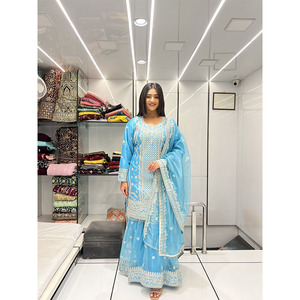 Elegante Nuevo Traje de Diseñador Bordado Indio-Pakistaní, Vestido de Novia Rasbery Palazzo, Ropa de Verano Larga y Transpirable con Bordados Elaborados - Product Image 2