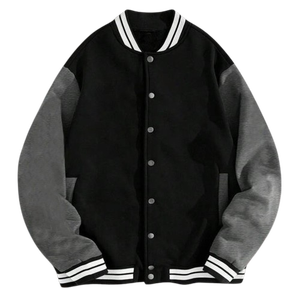 Premium invierno acolchado clásico Varsity chaqueta Unisex negro 100% algodón Cuerpo gris mangas rayas costilla puños bajo MOQ personalizado - Product Image 1