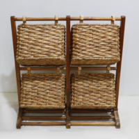 Ensemble de paniers en jacinthe d'eau sur support en bois à 2 niveaux, fait main, moderne, réglable, pour bureau, salon, chambre, style vintage chic
