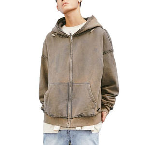 Venta al por mayor a granel vintage Wash zip up HOODIE hombres RAW Edge personalizado angustiado en blanco cremallera sudaderas con capucha - Product Image 3