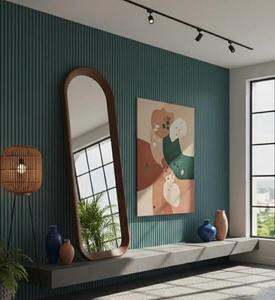 Miroir mural rond Art Déco en noyer fait main avec cadre en bois moderne, écologique et léger, pour la décoration de hôtels, de maisons et de salles de bain - Product Image 2