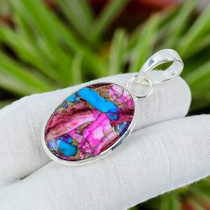 Colgantes y dijes finos de Plata de Ley 925, colgante de piedras preciosas turquesa de ostra rosa de corte ovalado para fiestas y regalos - Product Image 3