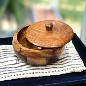 Boîte à chapati ronde en bois massif biologique, réchauffeur de roti, casserole, couvercle plat, cuisine, salle à manger, service de nourriture, boîte de rangement, artisanat moderne - Product Image 4