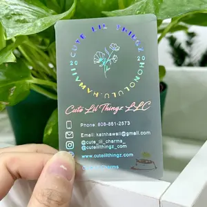 Tarjeta de invitación de negocios transparente de plástico personalizada, con letras holográficas