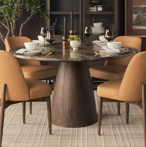 Solid Mango Wood & Marble <b>Round</b> Shape Dark Brown Cappuccino Marble Top Pedestal Wood Base Natural Colors Kitchen <b>Dining</b> <b>Table</b> - Product Image 2