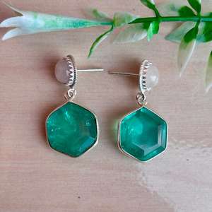 Handmade Green <b>Emerald</b> and Rose Quartz <b>Earrings</b> 925 Sterling Silver Hexagon Cut Dangle Jewelry for Women - Product Image 2