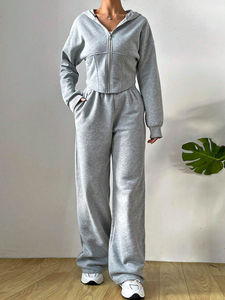 Vente en gros Automne 100% Coton Sweat à capuche à fermeture éclair et cordon de serrage Ensemble de survêtement surdimensionné Deux pièces Jogging Ensemble de fitness Survêtement personnalisé - Product Image 2