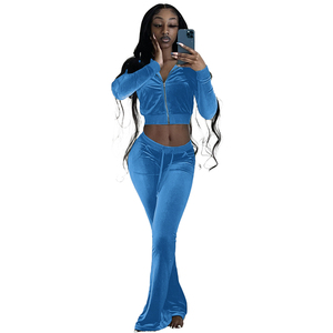 Solid Velvet Sweatsuit Women Two Piece Sport Suit Zipped Long Sleeve Crop Coat and <b>Bell</b> Bottom Pant Velour Tracksuit 2025 - Product Image 4