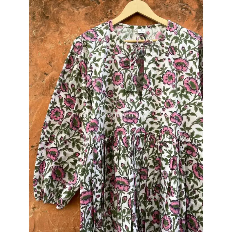 Vestido de verano de algodón indio hecho a mano con estampado Floral, bohemio, Hippie