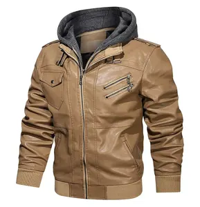 Blouson à capuche en cuir véritable pour homme, épais, à la mode, vente en gros - Product Image 2