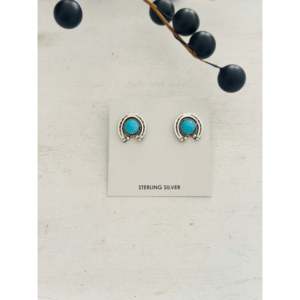 Annette Chiquito Kingman Turquoise & Sterling Silver Stud <b>Earrings</b> <b>Horse</b> <b>Shoe</b> Post with Bezel Setting - Product Image 1