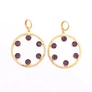 Boucles d'oreilles créoles en pierres précieuses rondes fuchsia rose plaqué or bijoux de style goutte bijoux pendants à la mode - Product Image 6