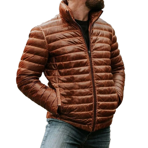 Chaqueta de Cuero Personalizada para Hombre, Estilo Urbano, Larga, Acolchada, Marrón, Piel de Oveja Genuina, Abrigo Informal Delgado y Cálido para Invierno con Cuello Alto - Product Image 1