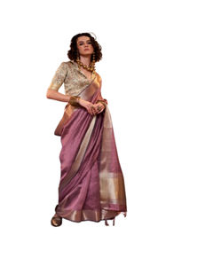 Sari de Seda Banarasi Suave de Primera Calidad, Tejido a Mano, para Mujer, con Bordado de Hilo Plateado Puro, Borde Tejido Pesado, Sin Arrugas - Product Image 1