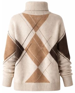 Customized Premium <b>Women</b> Turtleneck Argyle Knit Sweater Soft <b>Warm</b> Winter Pullover Casual Fashion Top Brown Beige Color - Product Image 2