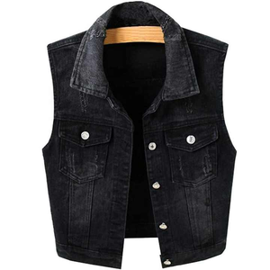 Gilet en jean court décontracté pour femme en élasthanne/polyester, veste en coton respirant écologique pour l'automne, broderie de badge personnalisée - Product Image 1