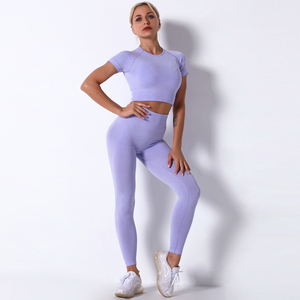 Traje deportivo de Yoga con patrón sólido transpirable de verano para mujer, mallas de talla grande de 2 piezas, pantalones cortos de entrenamiento explosivos sin costuras en la cintura - Product Image 1