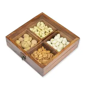 Wooden Dry Fruit Box, Dining Table, Mango Wood Spice Box for Kitchen with 4 Partitions and Transparent Top Lid with Wooden Spoon